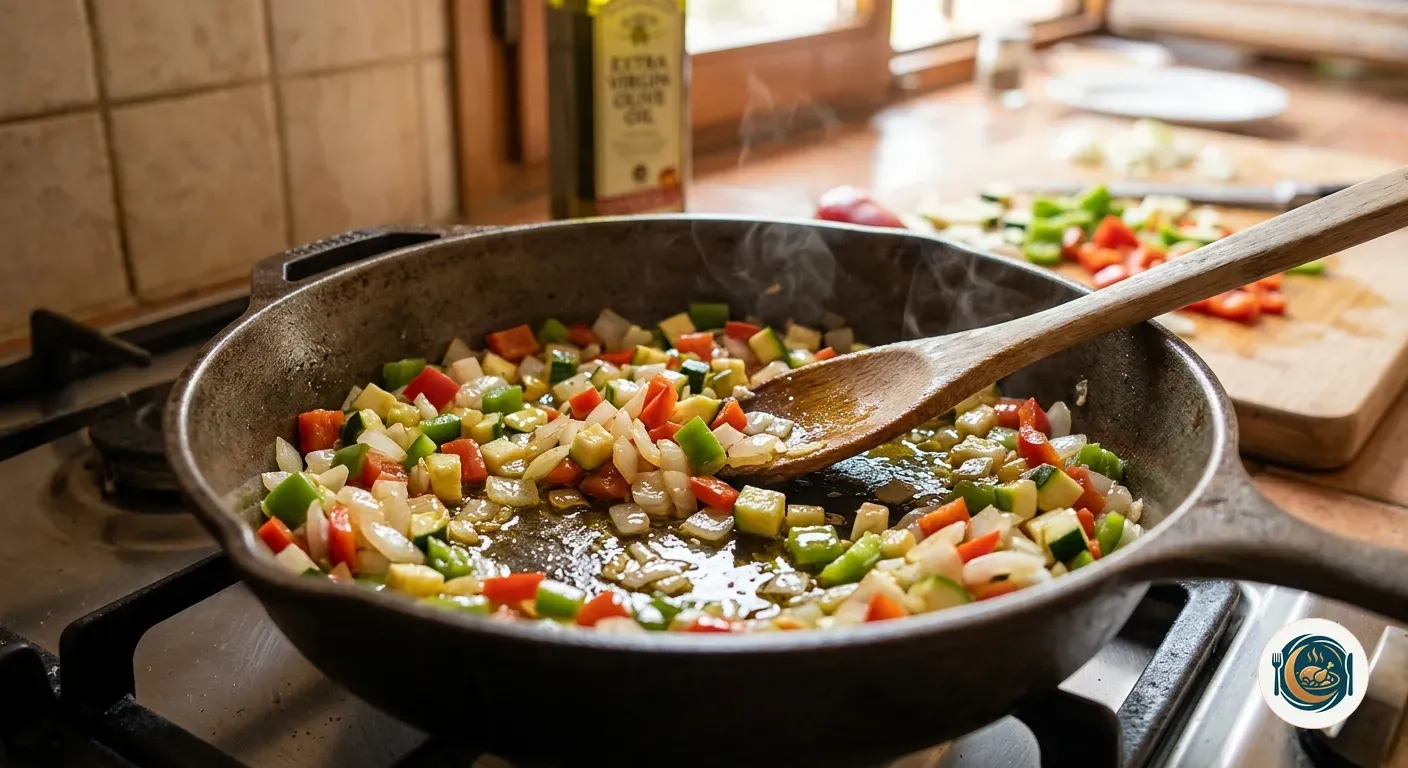Verduras en dados sofriéndose en aceite de oliva dentro de la sartén