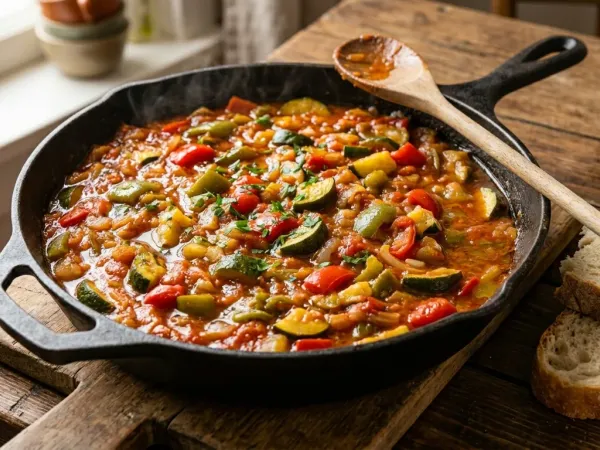 Sartén con pisto manchego de calabacín, pimiento y tomate recién hecho
