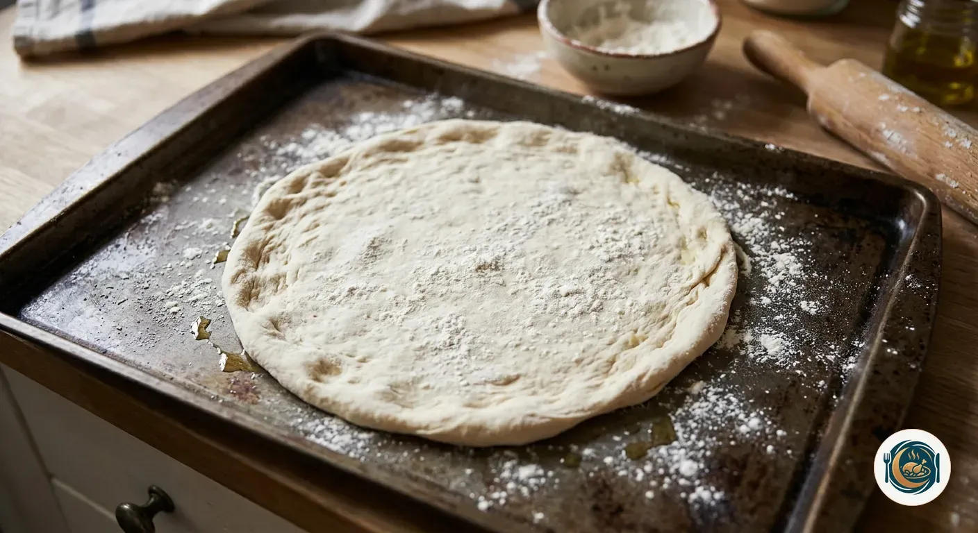 Masa de pizza estirada sobre la bandeja