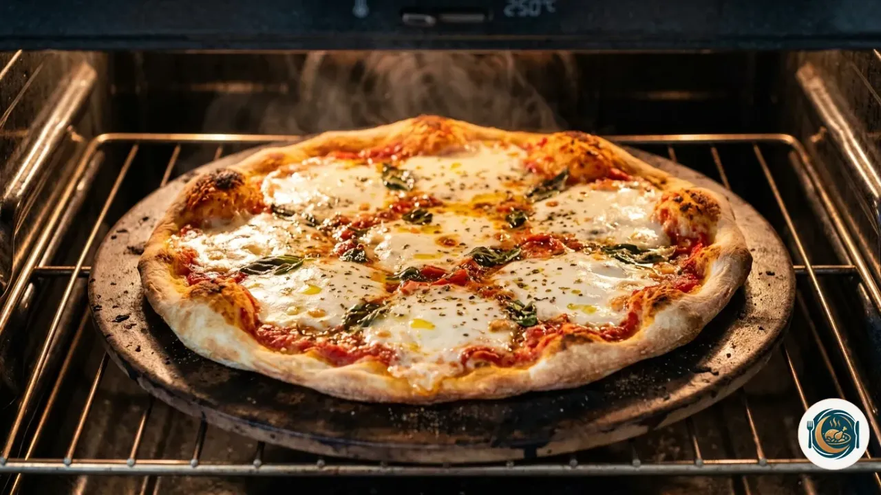 Pizza casera margarita horneándose sobre piedra en el horno con mozzarella fundida y albahaca