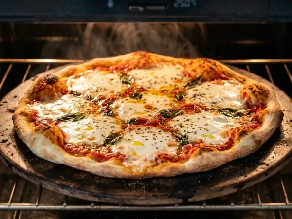 Pizza casera margarita horneándose sobre piedra en el horno con mozzarella fundida y albahaca