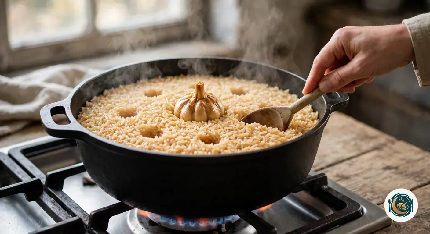 Arroz del plov en la olla de hierro, con una cabeza de ajos y agujeros para el vapor