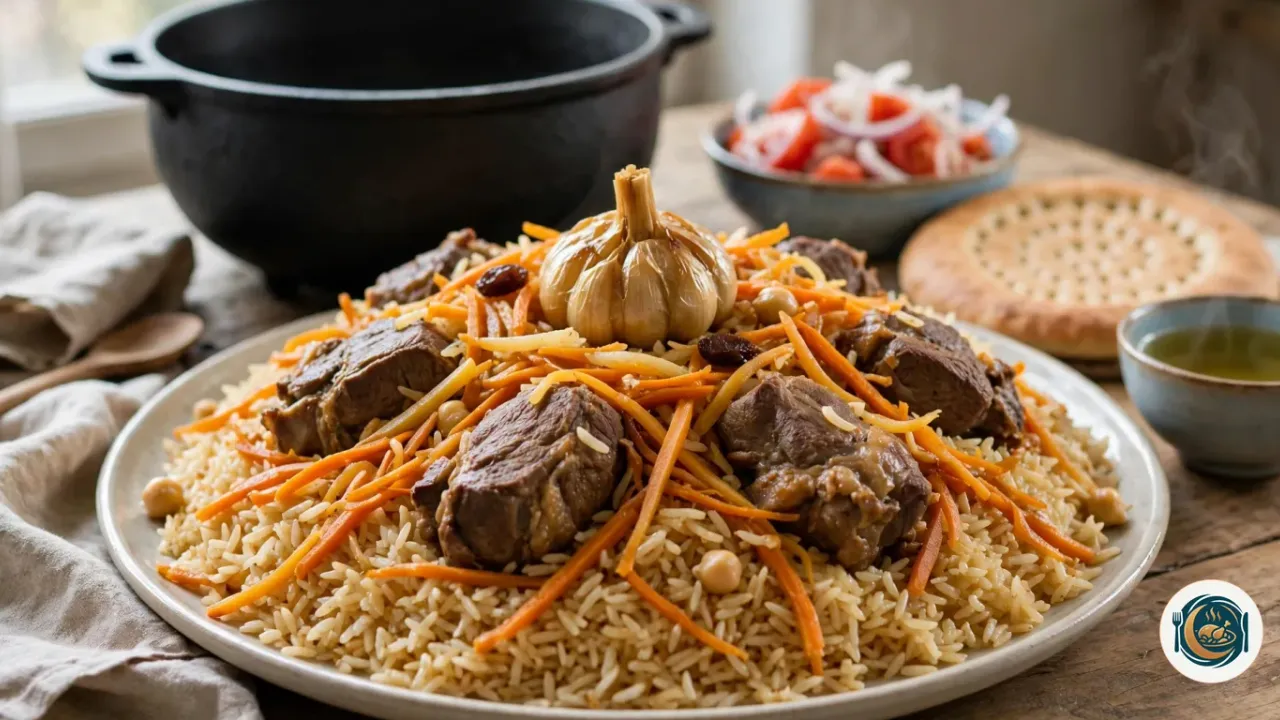 Plov uzbeko con cordero, tiras de zanahoria, garbanzos y una cabeza de ajos