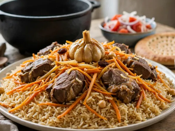 Plov uzbeko con cordero, tiras de zanahoria, garbanzos y una cabeza de ajos