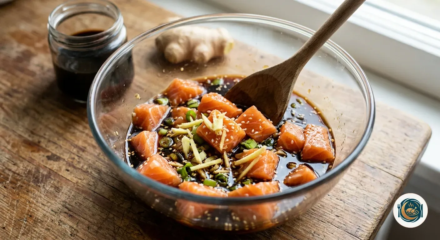Dados de salmón marinándose con soja y jengibre