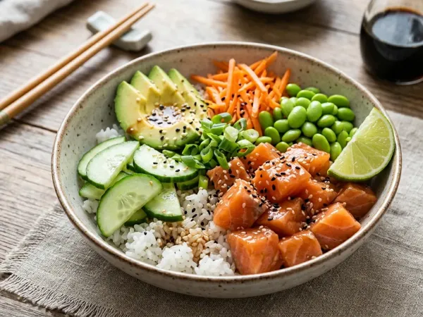 Bol de poke de salmón con arroz, aguacate, pepino y edamame