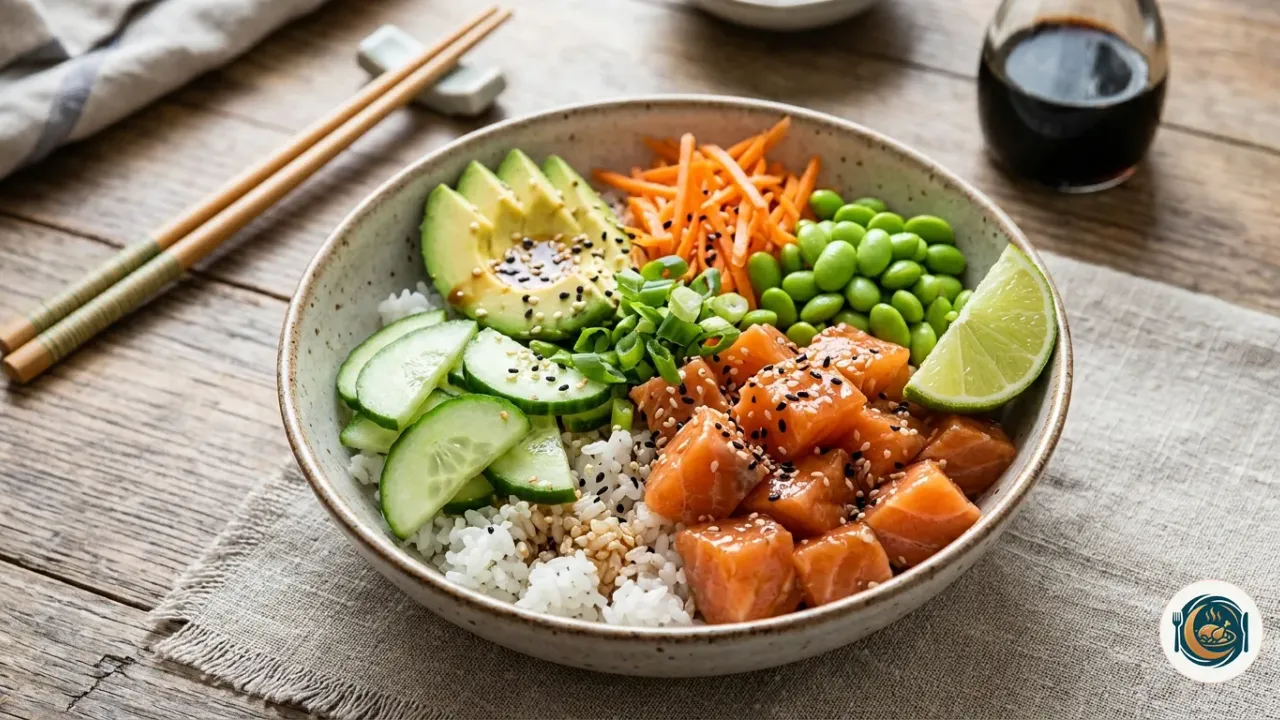 Bol de poke de salmón con arroz, aguacate, pepino y edamame