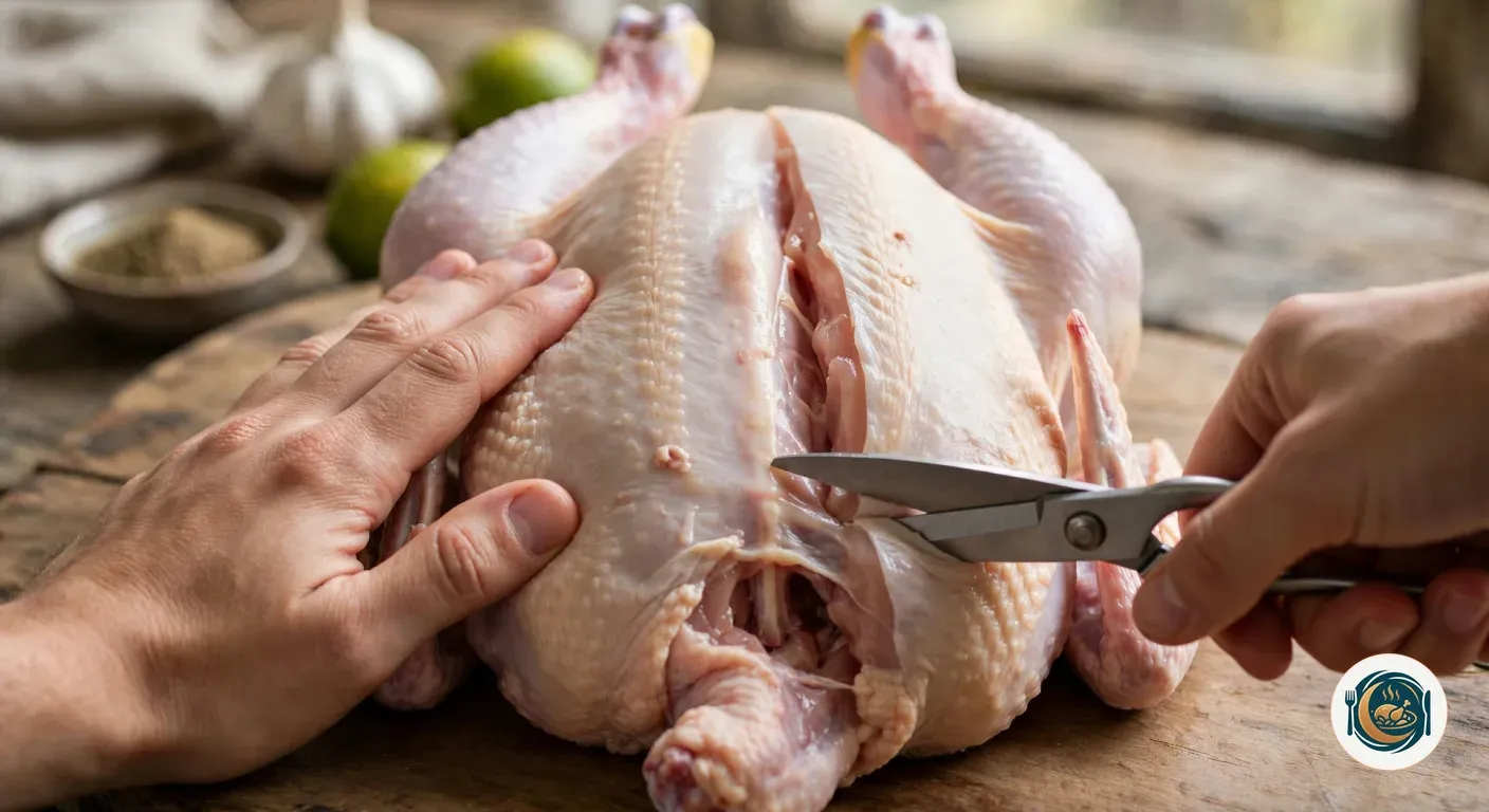 Manos abriendo un pollo crudo por el espinazo con unas tijeras