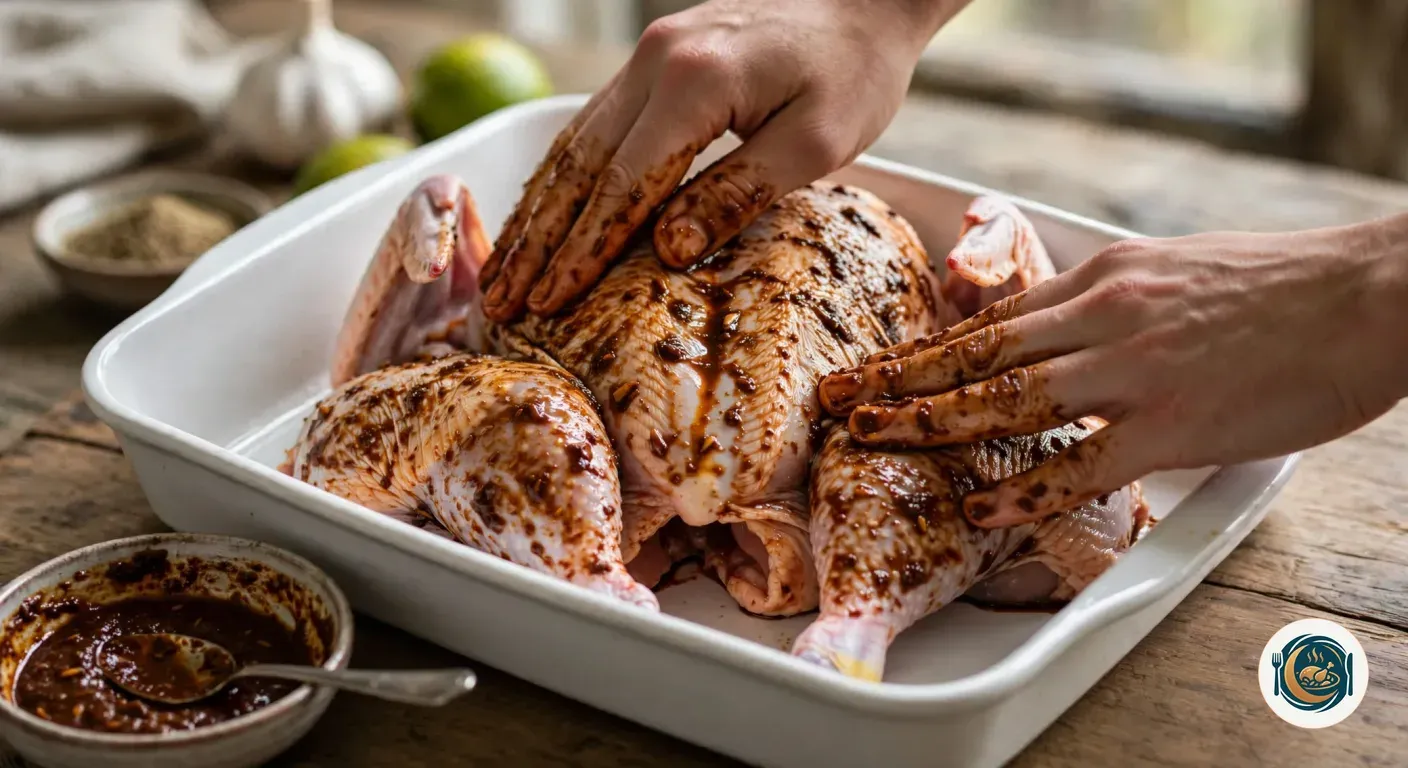 Manos untando un adobo oscuro sobre el pollo crudo en una fuente