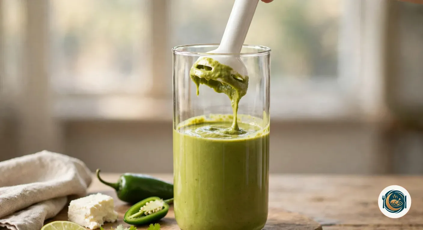 Batidora con salsa de ají verde espesa sobre un vaso de cristal