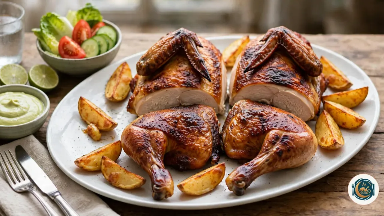 Pollo a la brasa peruano en cuartos con patatas y salsa de ají verde