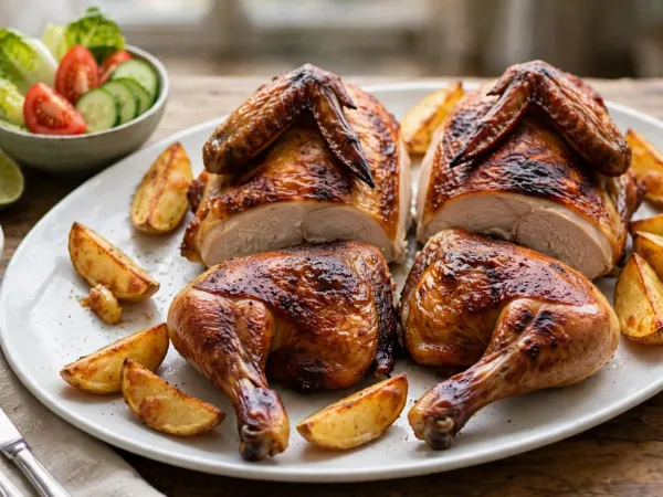 Pollo a la brasa peruano en cuartos con patatas y salsa de ají verde