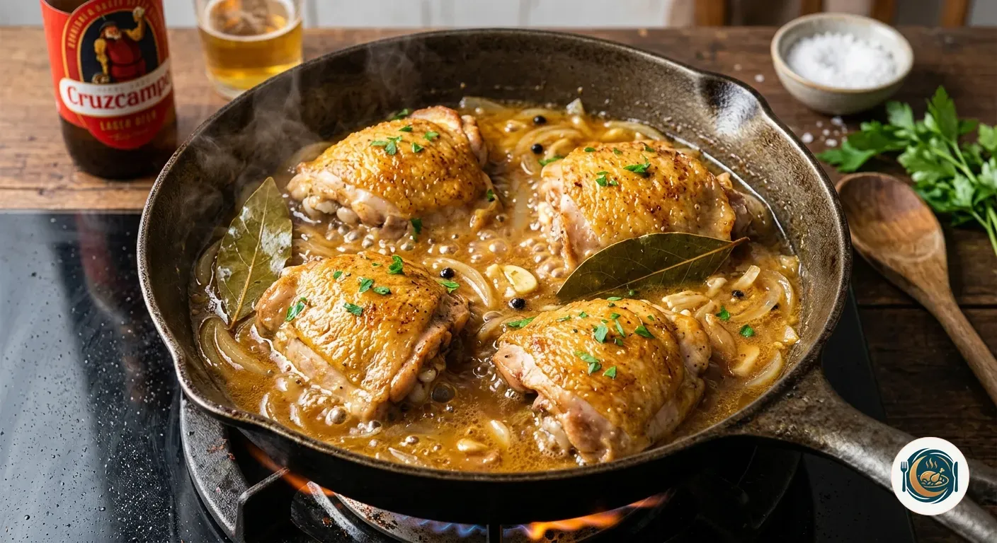 Muslos de pollo a la cerveza guisándose en salsa dorada dentro de una sartén