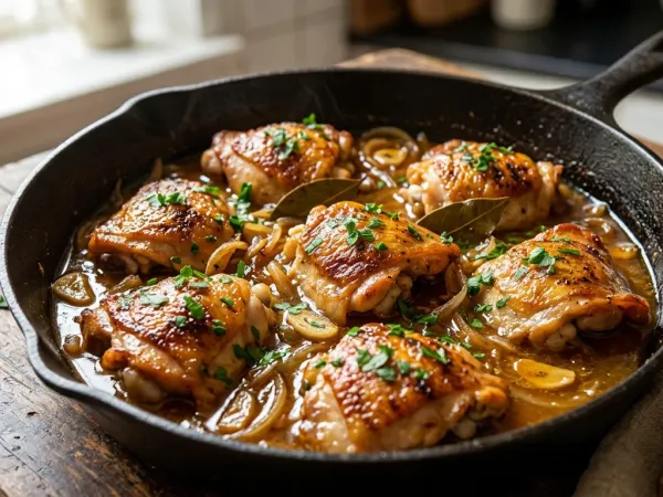 Muslos de pollo a la cerveza dorados en salsa dentro de una sartén