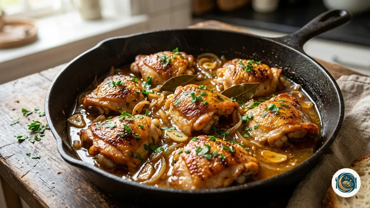 Muslos de pollo a la cerveza dorados en salsa dentro de una sartén