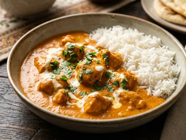 Pollo a la mantequilla en salsa naranja cremosa con arroz basmati y cilantro