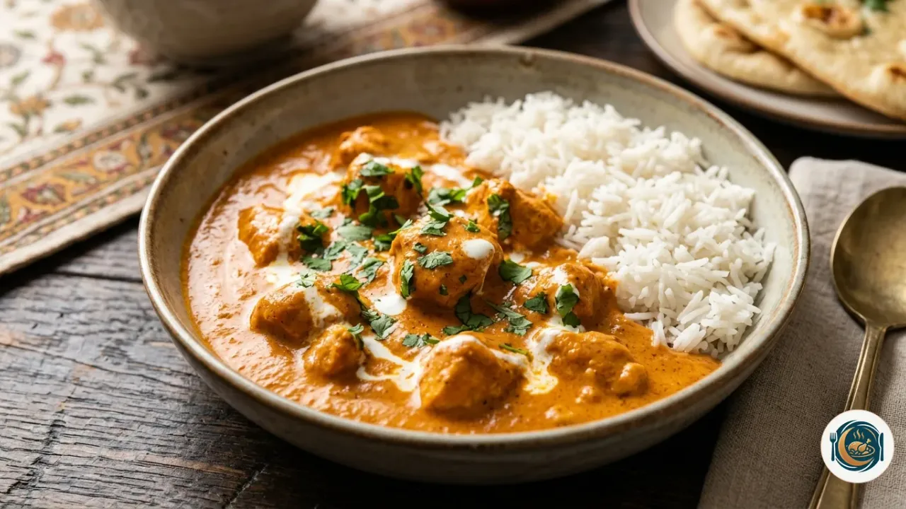 Pollo a la mantequilla en salsa naranja cremosa con arroz basmati y cilantro