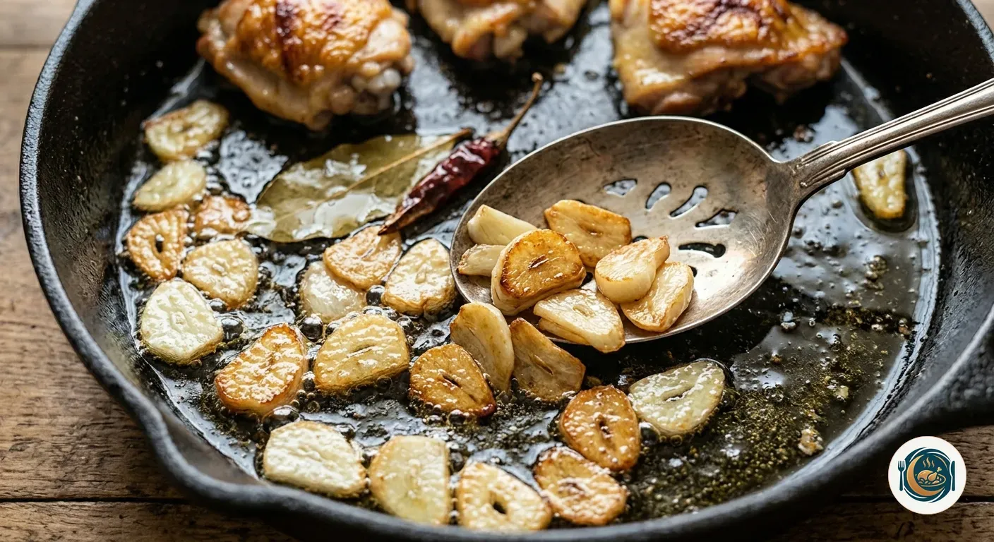Ajo laminado dorándose en aceite de oliva caliente en la sartén