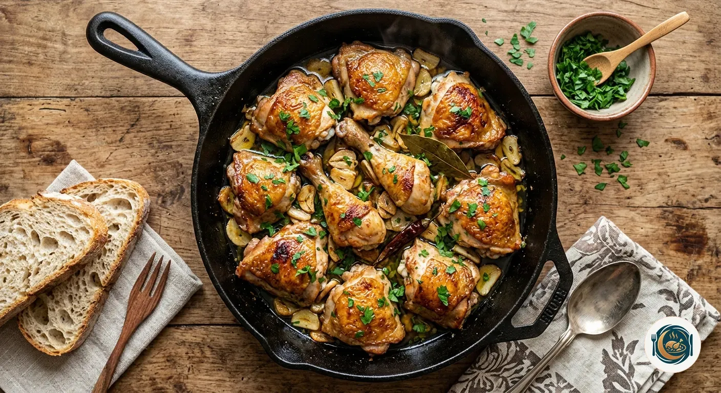 Pollo al ajillo recién hecho y dorado en la sartén con perejil fresco