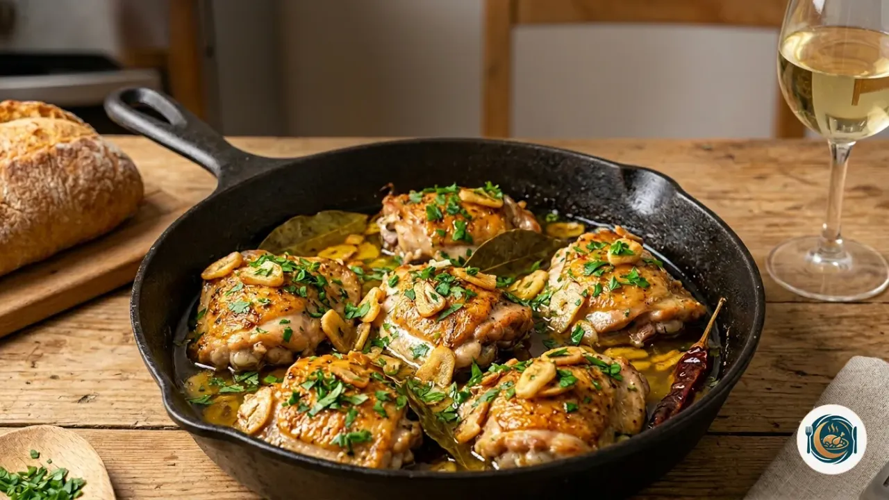 Sartén con pollo al ajillo dorado, ajos laminados y perejil fresco