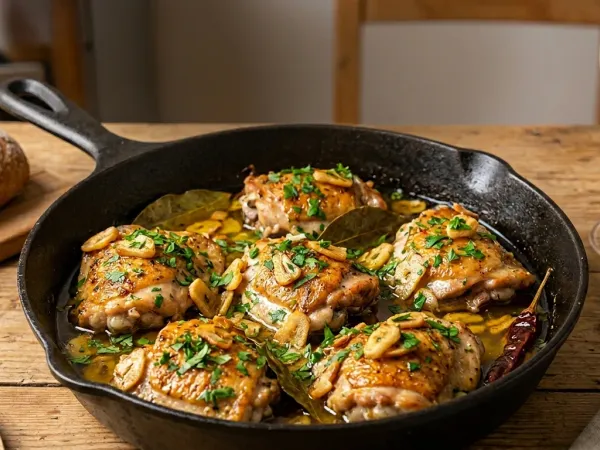 Sartén con pollo al ajillo dorado, ajos laminados y perejil fresco