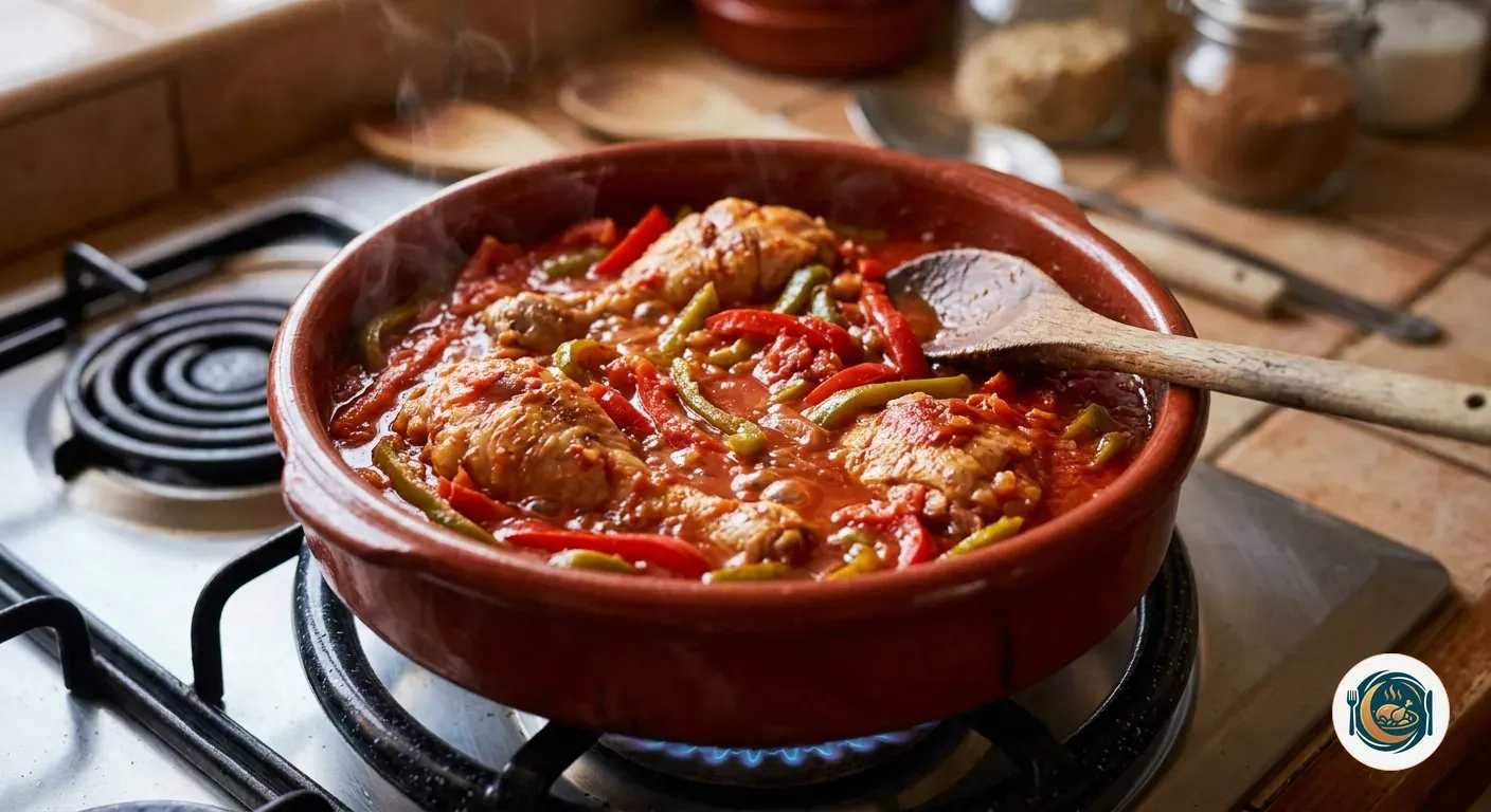 Pollo al chilindrón guisándose en cazuela con pimientos en tiras y salsa de tomate