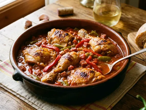 Pollo al chilindrón en cazuela con salsa de pimientos rojos, tomate y jamón