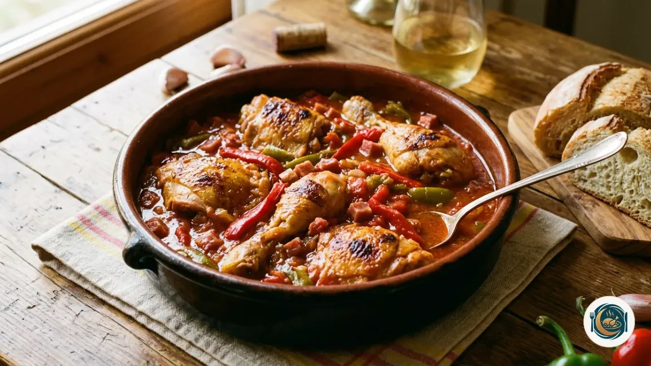 Pollo al chilindrón en cazuela con salsa de pimientos rojos, tomate y jamón