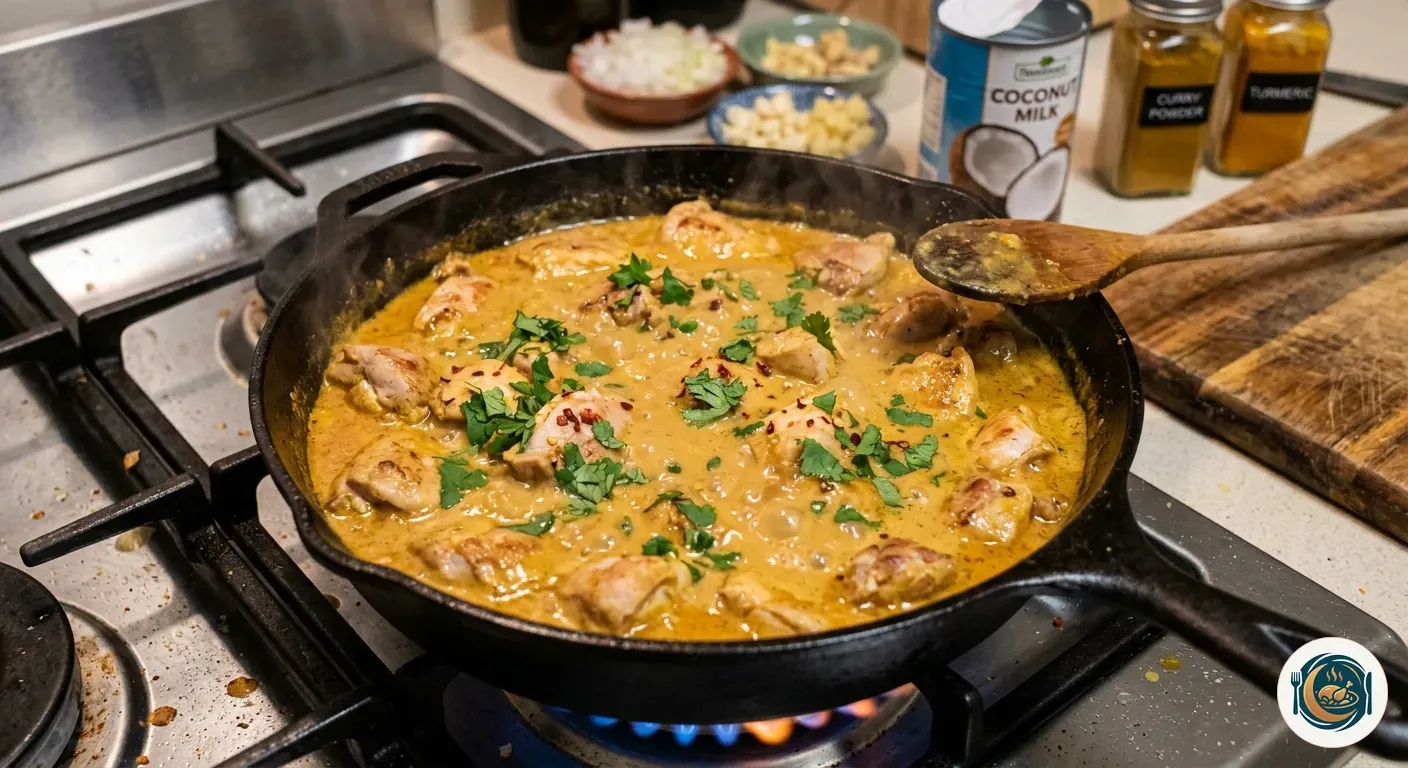 Pollo al curry cocinándose en una sartén con salsa cremosa de leche de coco