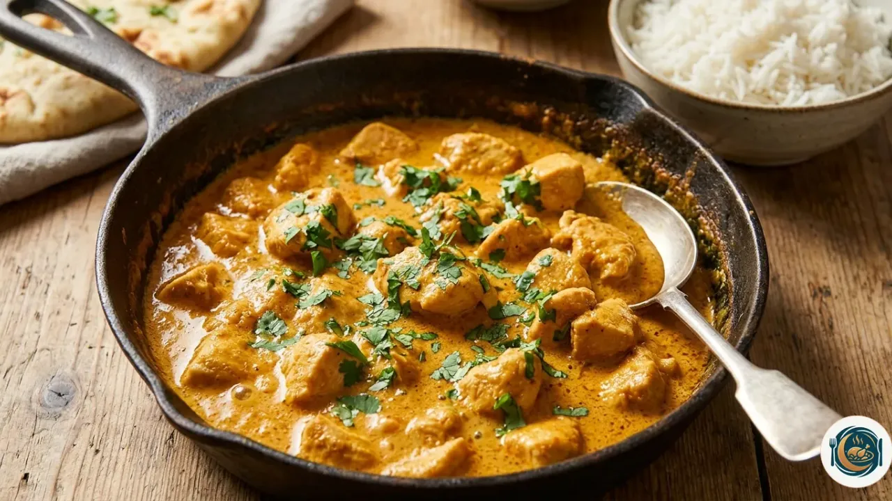 Pollo al curry cremoso con salsa anaranjada y cilantro fresco servido en una sartén