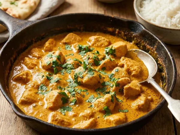 Pollo al curry cremoso con salsa anaranjada y cilantro fresco servido en una sartén