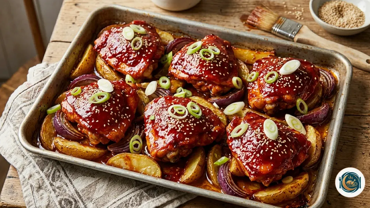 Bandeja de pollo al gochujang glaseado con sésamo y cebolleta