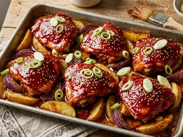 Bandeja de pollo al gochujang glaseado con sésamo y cebolleta