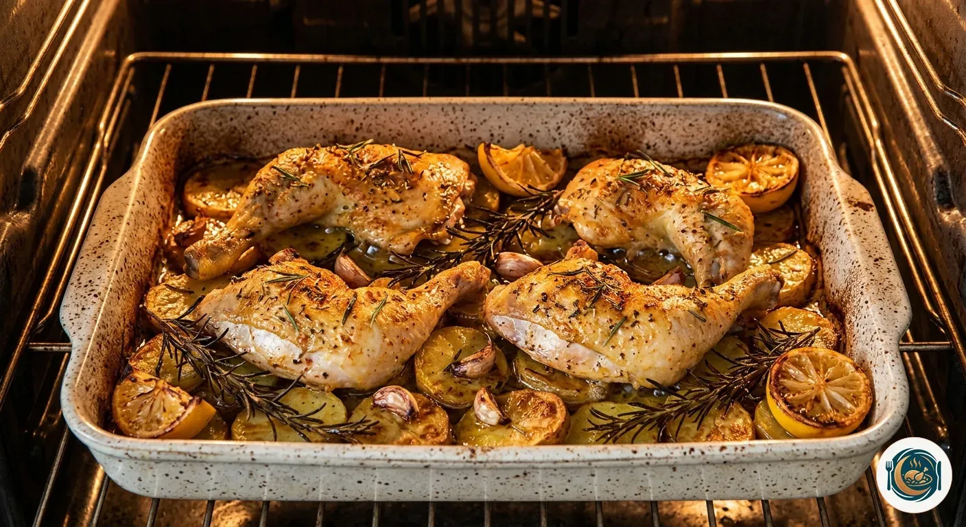Pollo al horno con patatas dorándose en una bandeja con romero y limón