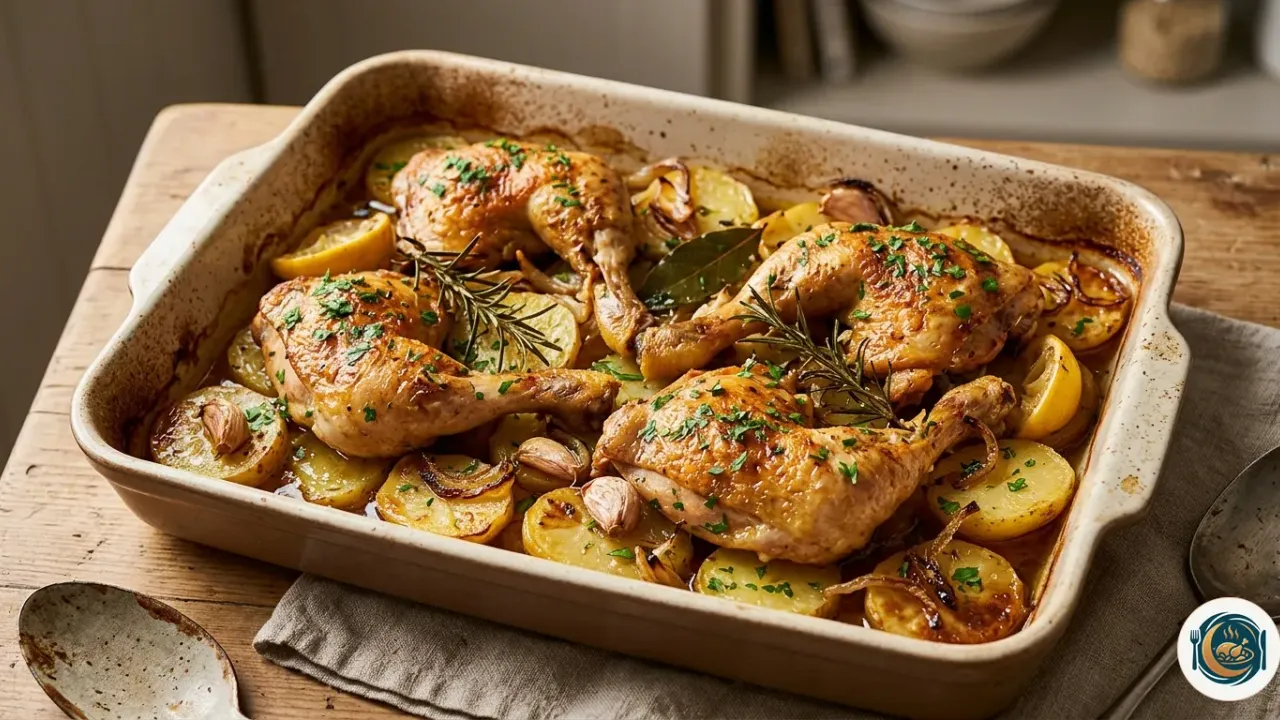 Pollo al horno dorado sobre una cama de patatas con ajo, limón y romero en una bandeja