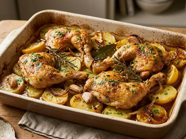 Pollo al horno dorado sobre una cama de patatas con ajo, limón y romero en una bandeja