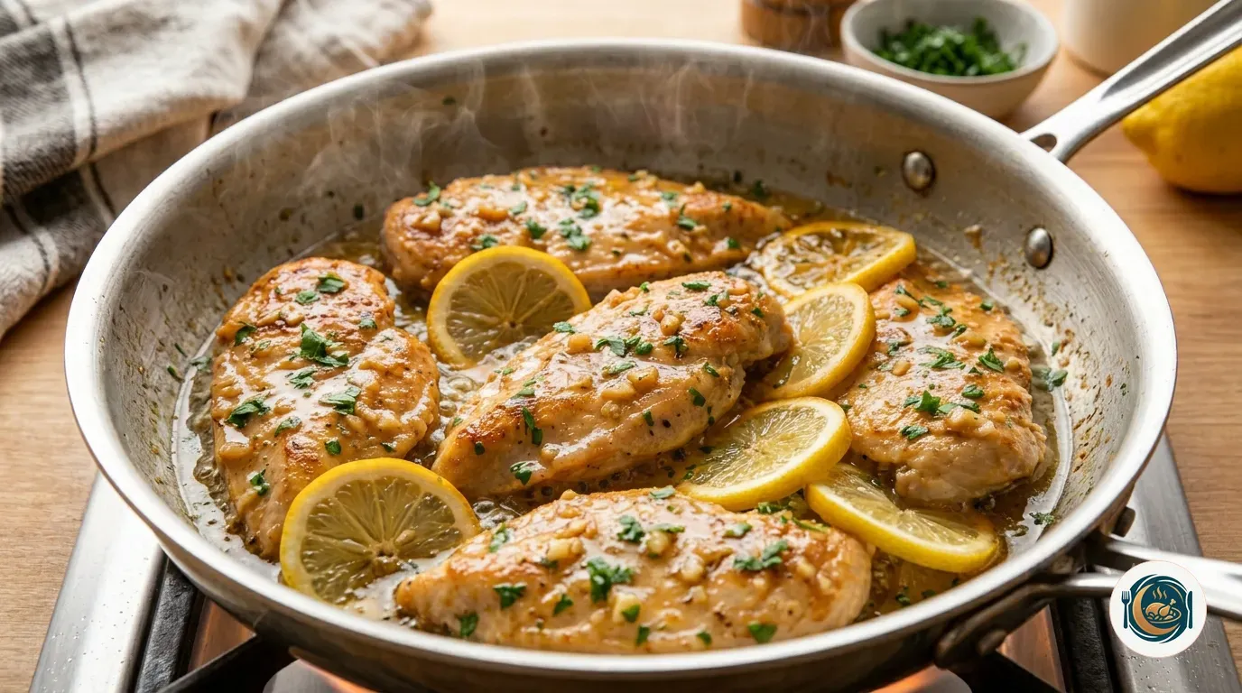 Filetes de pollo al limón dorándose en la sartén con ajo y salsa de limón