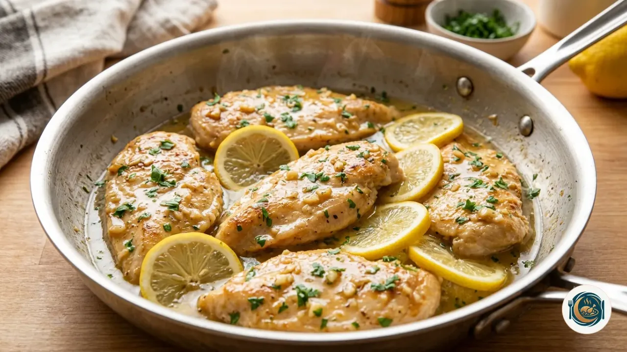 Sartén con filetes de pollo al limón dorados en salsa con rodajas de limón y perejil