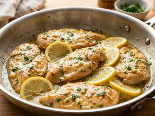 Sartén con filetes de pollo al limón dorados en salsa con rodajas de limón y perejil