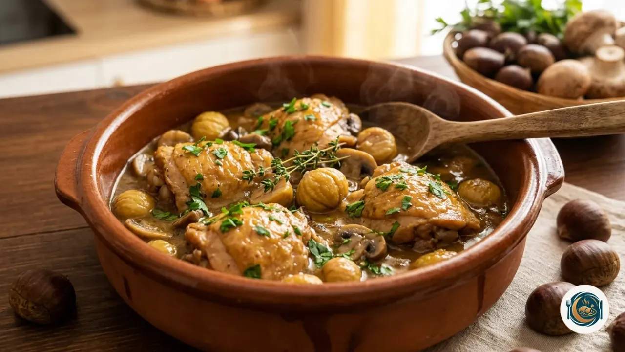 Pollo con castañas y champiñones guisado en una cazuela de barro