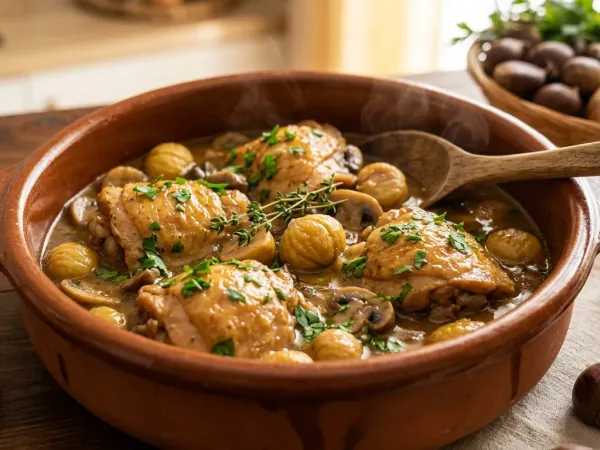 Pollo con castañas y champiñones guisado en una cazuela de barro
