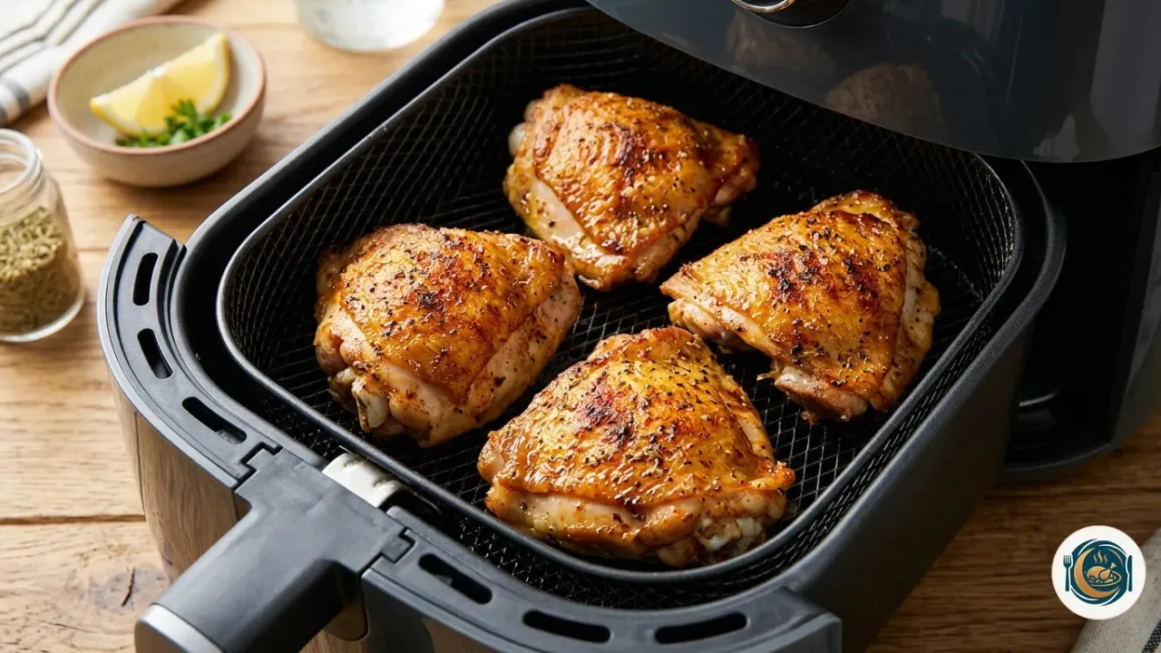 Contramuslos de pollo dorados recién hechos en la cesta de una freidora de aire