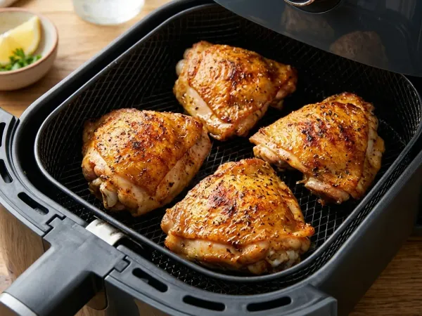 Contramuslos de pollo dorados recién hechos en la cesta de una freidora de aire