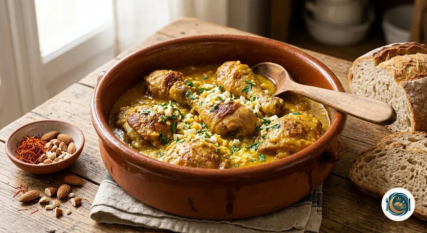 Cazuela de pollo en pepitoria con salsa de almendras y azafrán