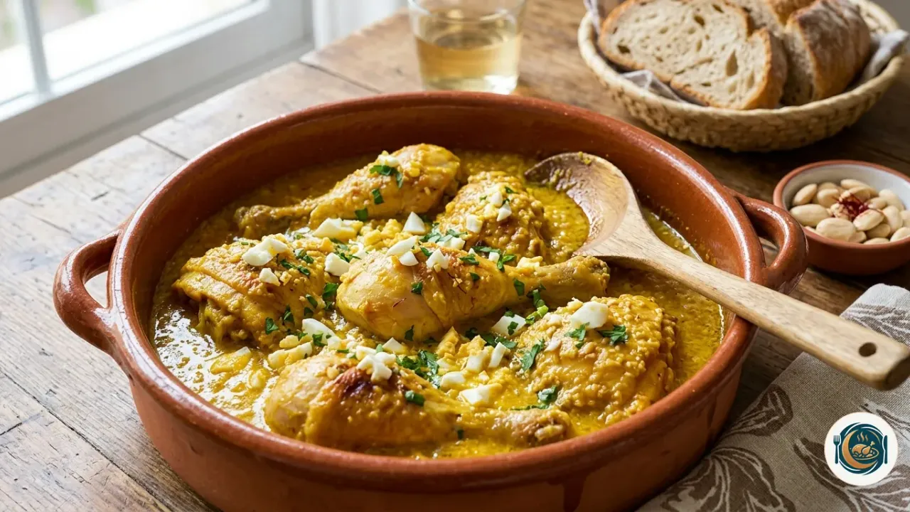 Cazuela de pollo en pepitoria con salsa dorada de almendras y azafrán