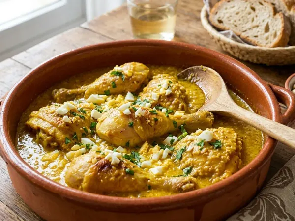 Cazuela de pollo en pepitoria con salsa dorada de almendras y azafrán