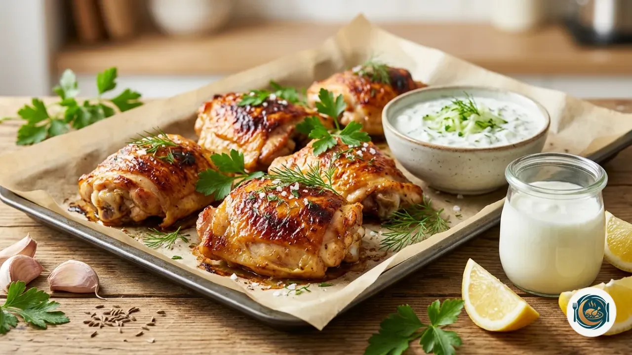 Contramuslos de pollo marinados en kéfir dorados al horno con limón