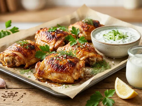 Contramuslos de pollo marinados en kéfir dorados al horno con limón