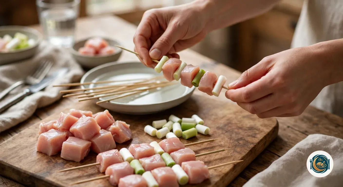 Manos ensartando dados de pollo y cebolleta en una brocheta de madera