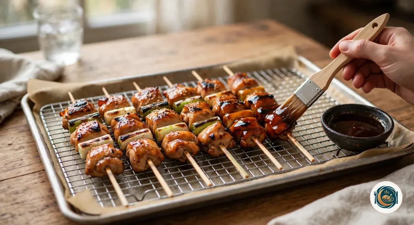 Brocha pintando con salsa tare unas brochetas de pollo recién asadas